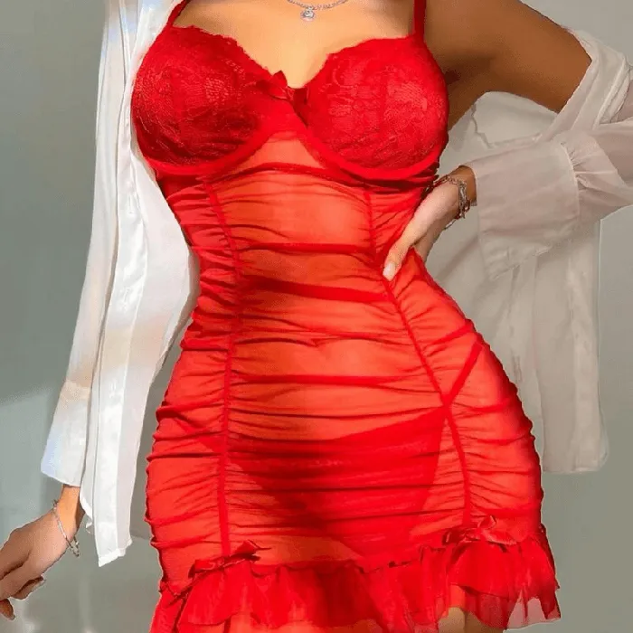 EVEs SECRETS Couples Sensual Pleated Transparent Nightdress Sexy Ruffled Lace Babydoll Womens Intimate Apparel